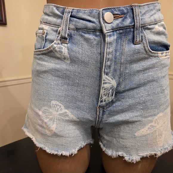 Denim Butterfly Print Juniors Shorts - Picture 1 of 9
